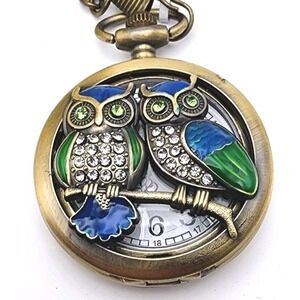 Invicta Owl Edition Pocket Watch Bronze Tone Quartz Twin Owls Crystal Enamel New